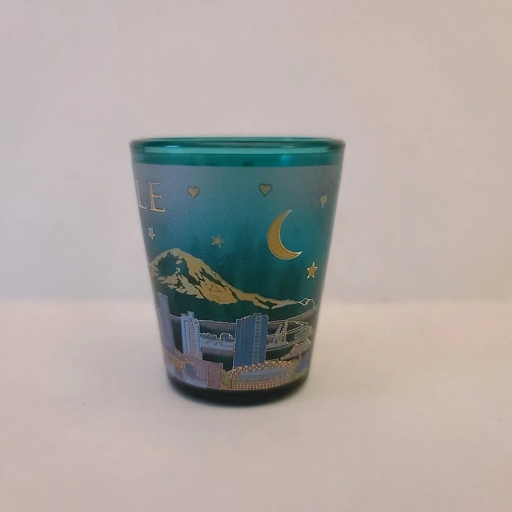 Seattle Washington Mountain Skyline Teal Shot Glass